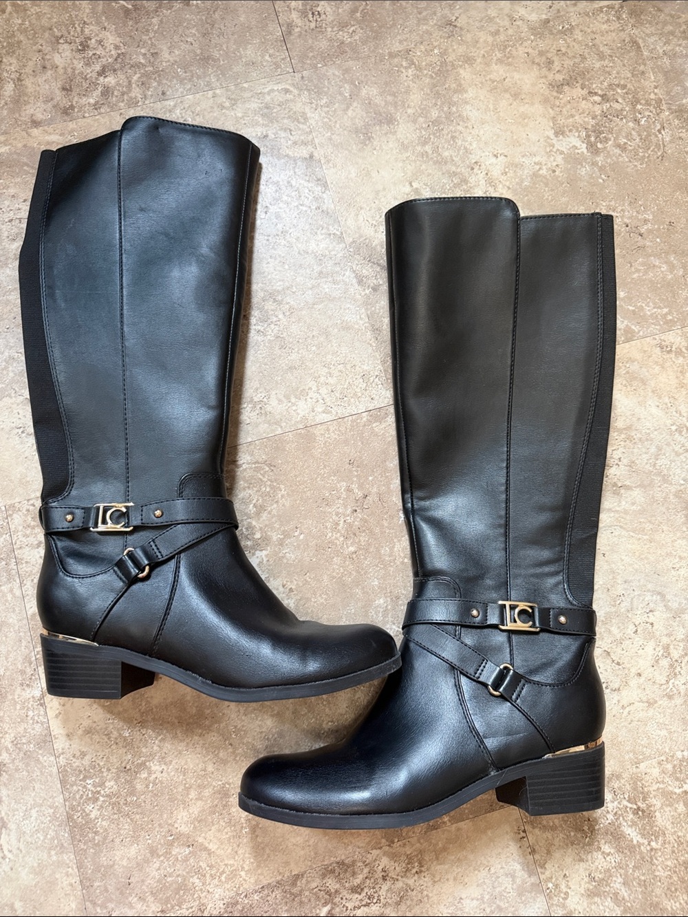 Liz Claiborne Black Knee-High Leather Riding Boots with Gold Accent
